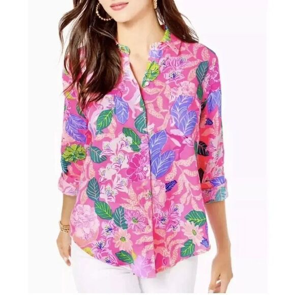 Lilly Pulitzer Sea View Collared Shirt Pink Isle Multi Linen Womens Size XS - Picture 1 of 9